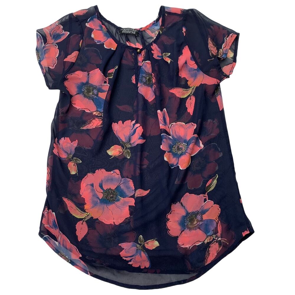 Papermoon Stitch Fix Womens Sz Medium Pink Blue Floral Semi Sheer Blouse READ